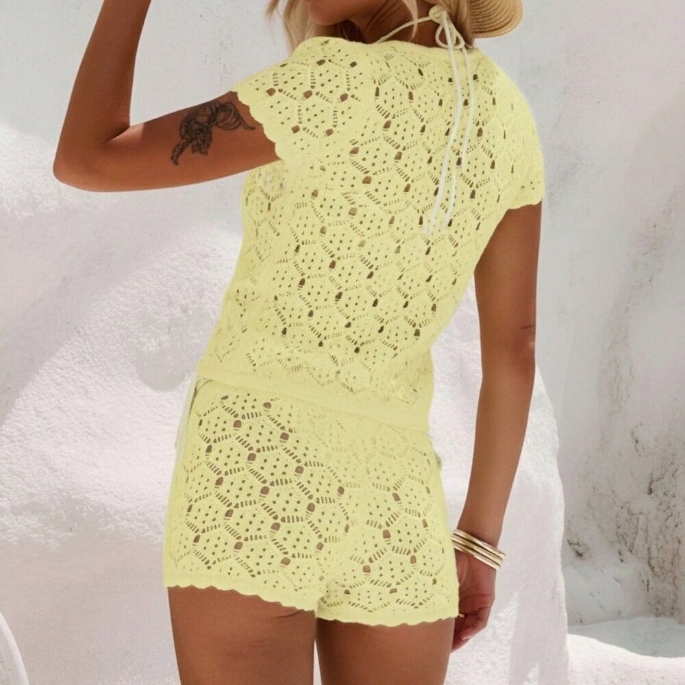 Light Yellow Casual Women's Crochet Mesh Beach Cover Up and Shorts Set - Picture 2 of 8